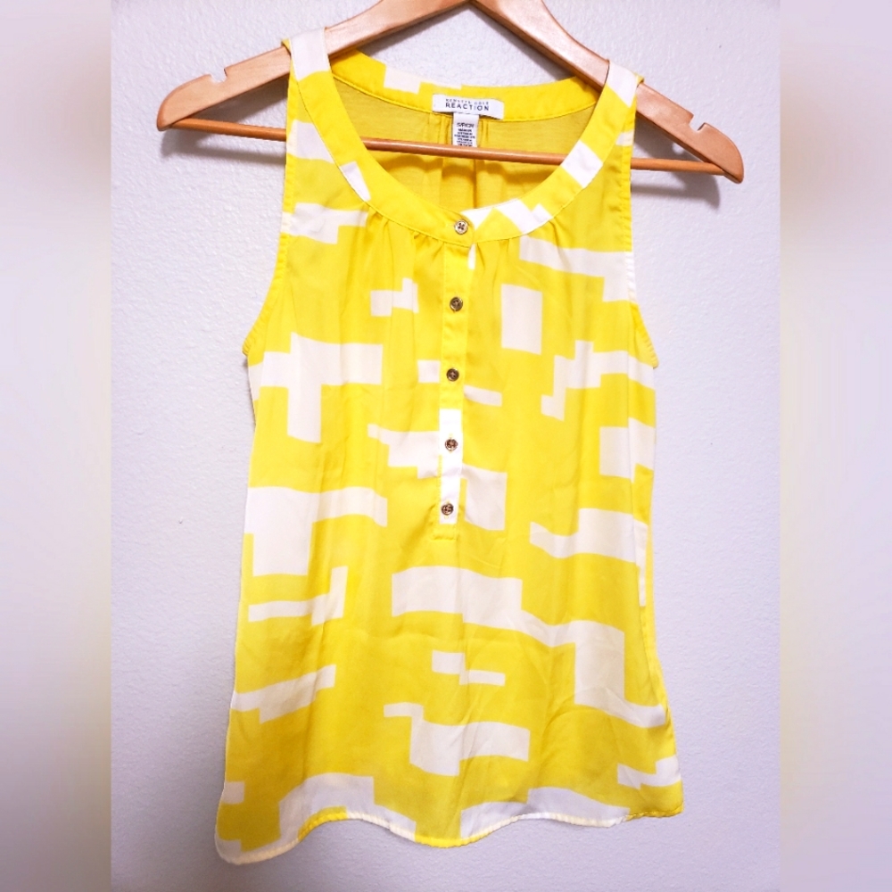 KENNETH COLE REACTION Top, Yellow/White Sleeveless Buttons Size P/S